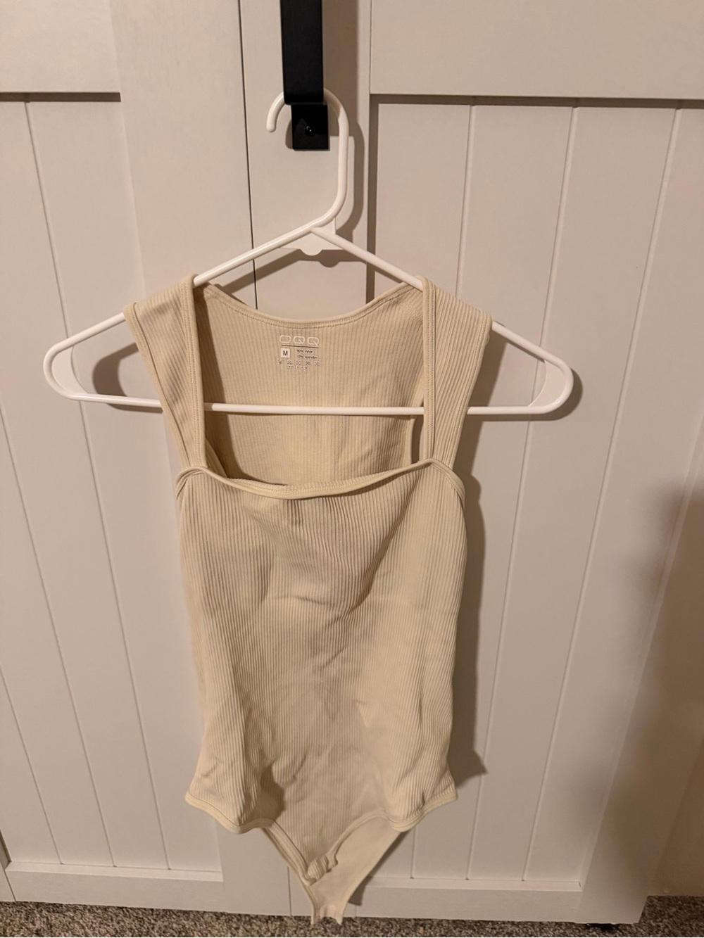 Ribbed Square-Neck Bodysuit in Light Beige